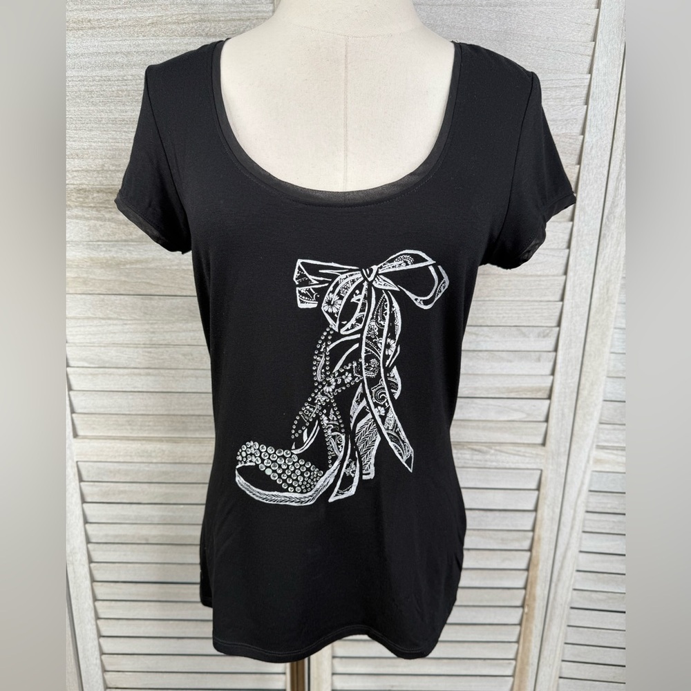 White House Black Market Black Short Sleeve Tee with White Shoe Bow Graphic